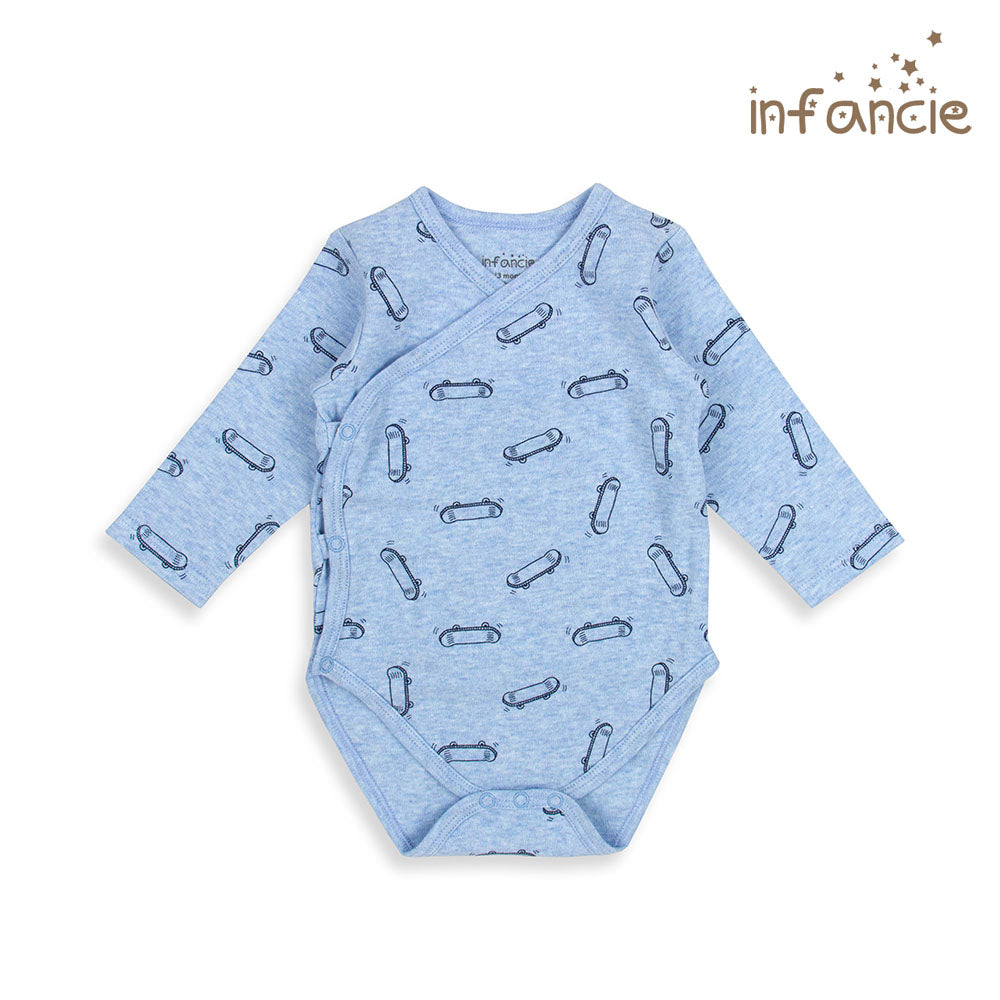 INFANCIE 2-Pc 100% Cotton Long-Sleeved Baby Kimino Bodysuits (Navy/Blue Skateboard)