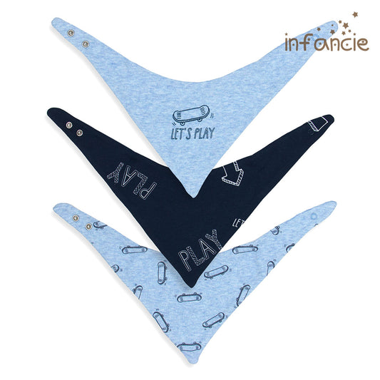 INFANCIE 3-Pc 100% Cotton Baby Bandana Bib (Navy/Blue Skateboard)