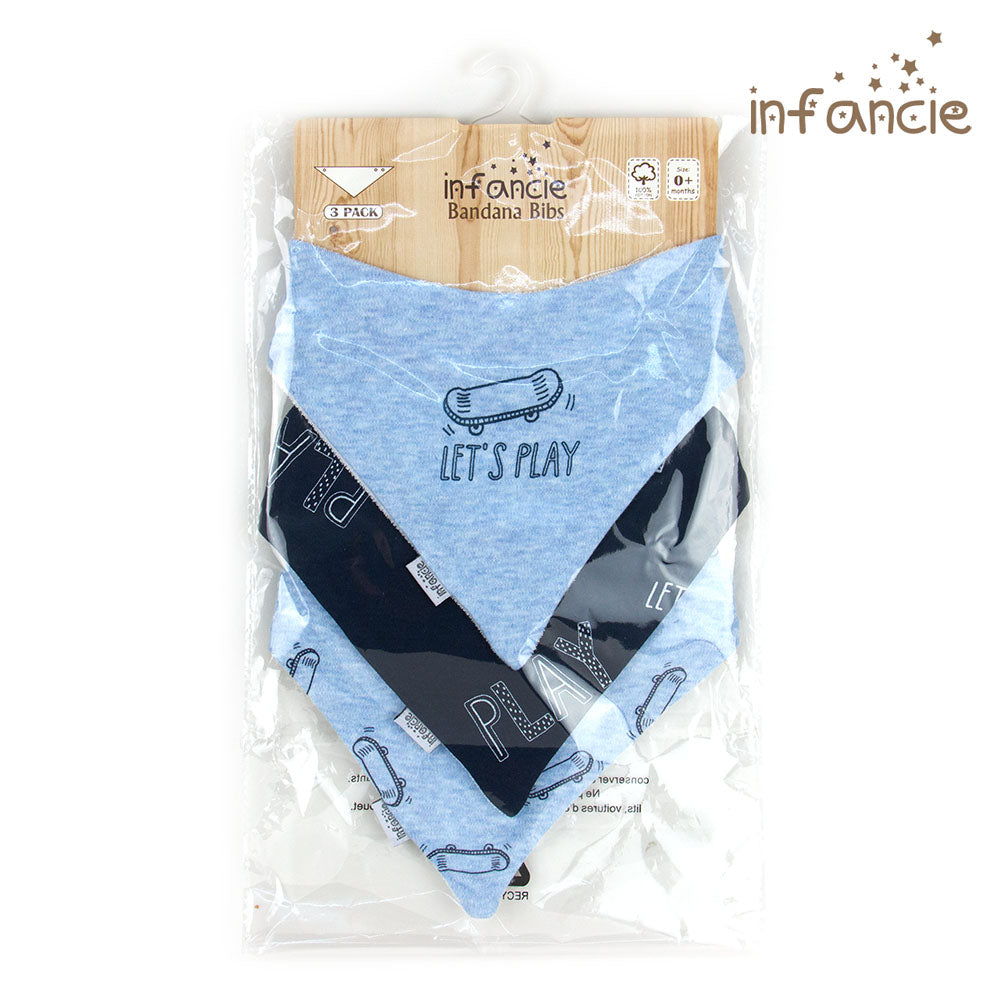 INFANCIE 3-Pc 100% Cotton Baby Bandana Bib (Navy/Blue Skateboard)