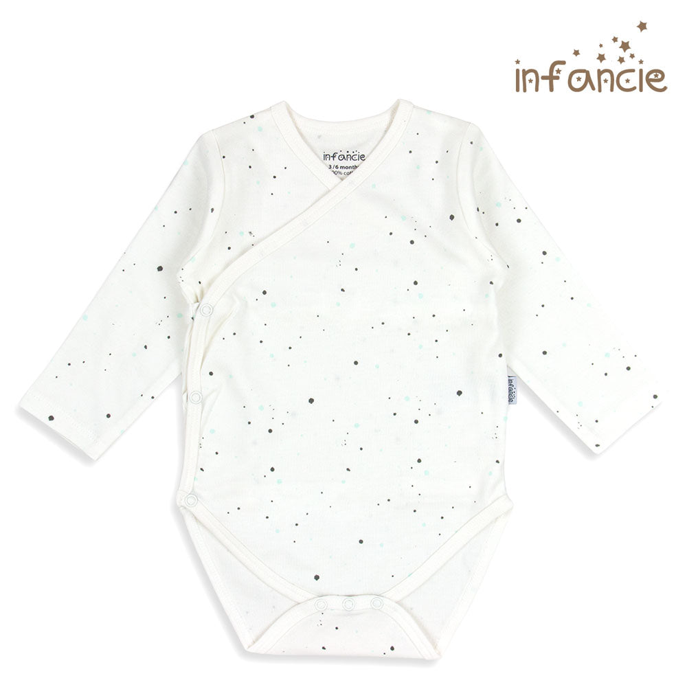 INFANCIE 2-Pc 100% Cotton Long-Sleeved Baby Kimino Bodysuits (White/Mint Dino)