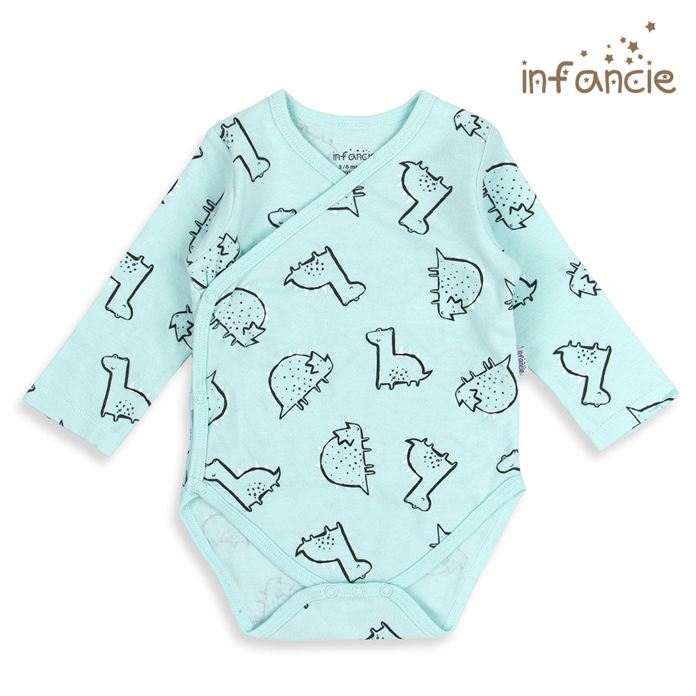 INFANCIE 2-Pc 100% Cotton Long-Sleeved Baby Kimino Bodysuits (White/Mint Dino)