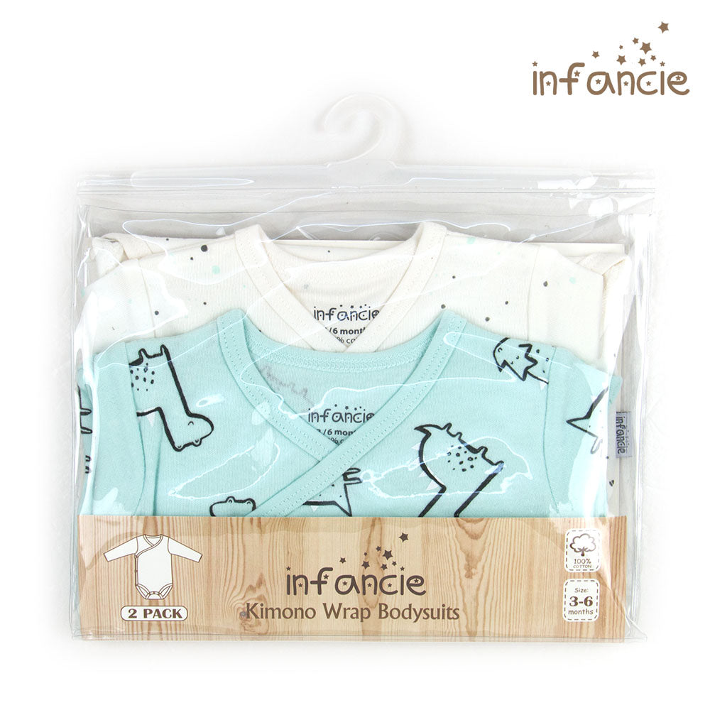 INFANCIE 2-Pc 100% Cotton Long-Sleeved Baby Kimino Bodysuits (White/Mint Dino)