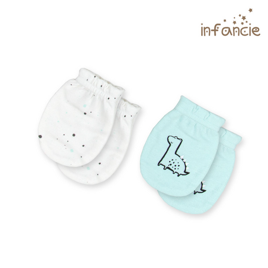 INFANCIE 2-Pk 100% Cotton Newborn Baby No-Scratch Mittens (Mint Dino)