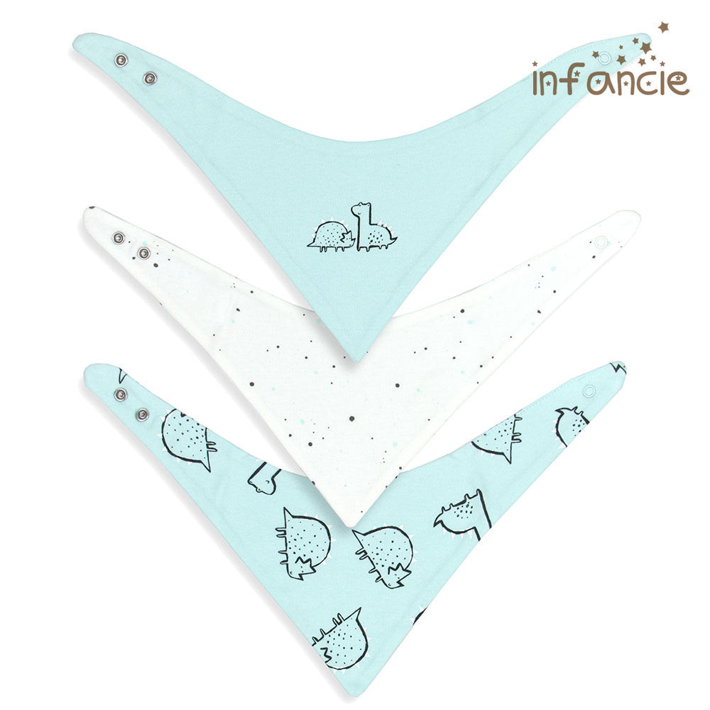 INFANCIE 3-Pc 100% Cotton Baby Bandana Bib (White/Mint Dino)