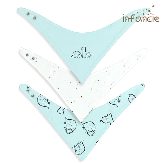 INFANCIE 3-Pc 100% Cotton Baby Bandana Bib (White/Mint Dino)