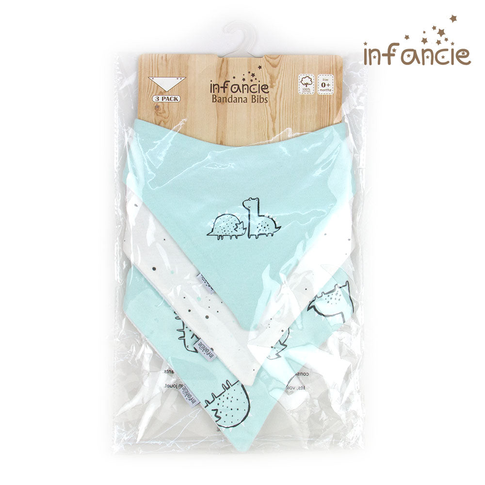 INFANCIE 3-Pc 100% Cotton Baby Bandana Bib (White/Mint Dino)