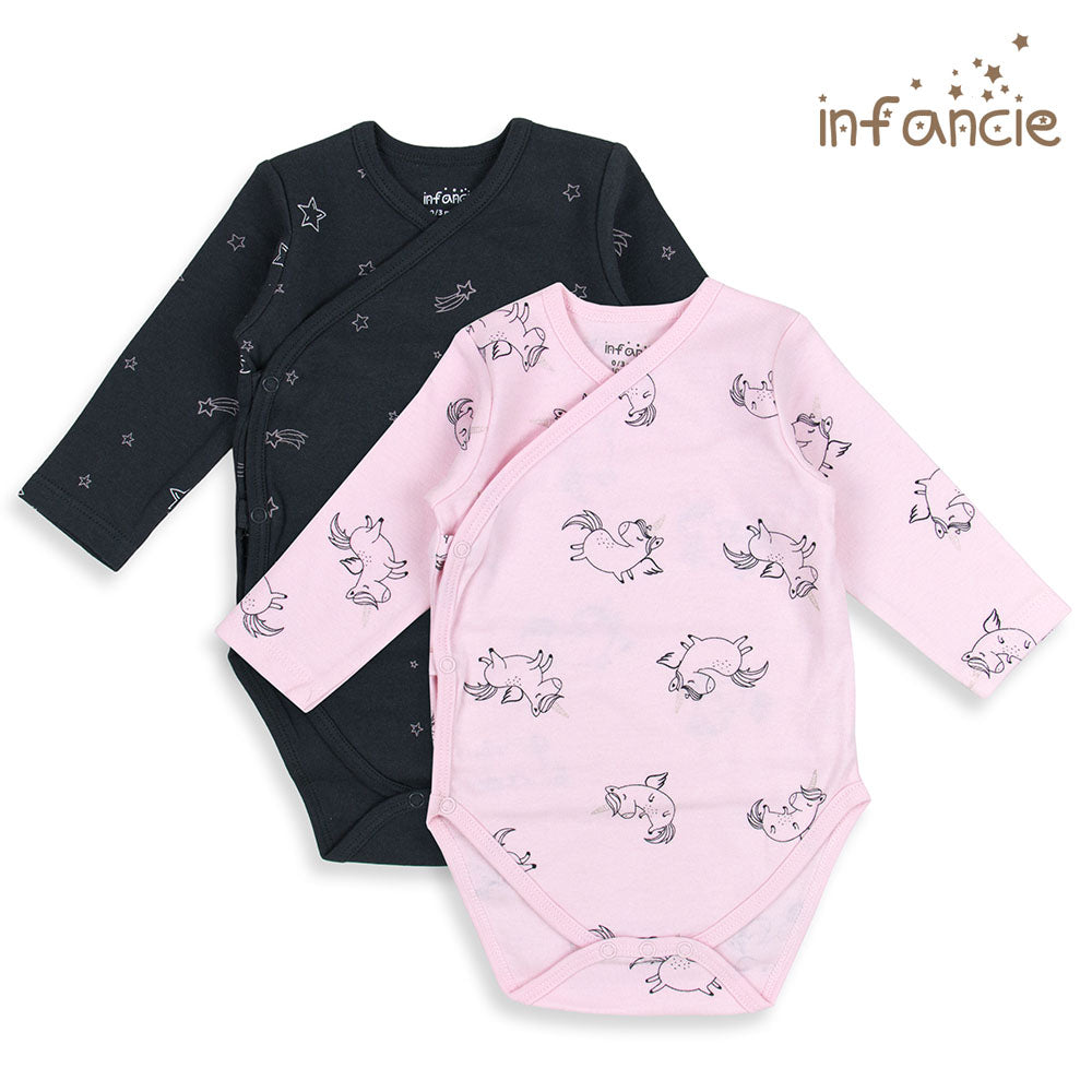 INFANCIE 2-Pc 100% Cotton Long-Sleeved Baby Kimino Bodysuits (Black/Pink Unicorn)