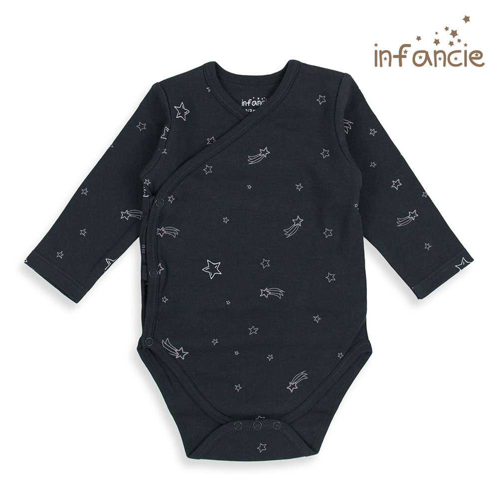 INFANCIE 2-Pc 100% Cotton Long-Sleeved Baby Kimino Bodysuits (Black/Pink Unicorn)