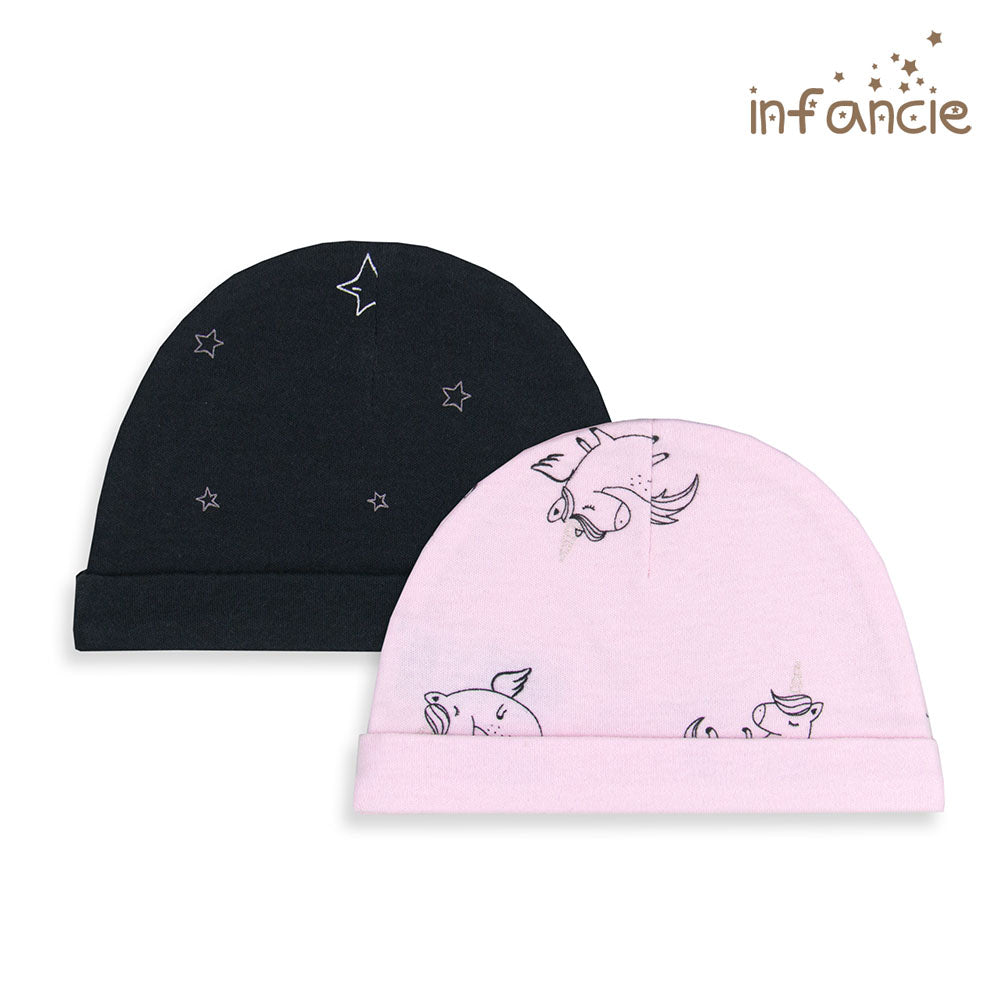 INFANCIE 2-Pc 100% Cotton Baby Hat (Black/Pink Unicorn)