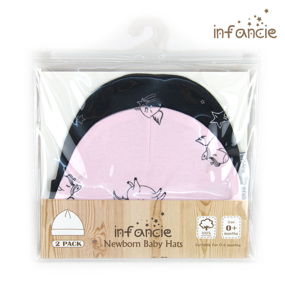 INFANCIE 2-Pc 100% Cotton Baby Hat (Black/Pink Unicorn)