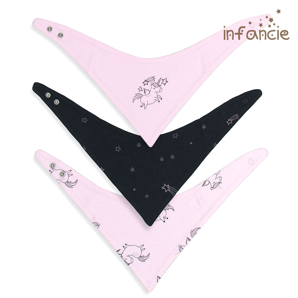 INFANCIE 3-Pc 100% Cotton Baby Bandana Bib (Black/Pink Unicorn)