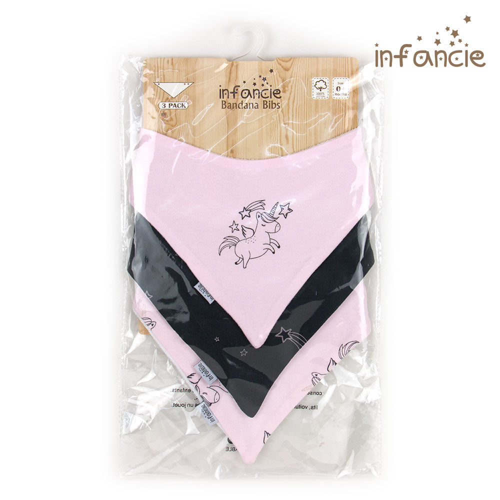 INFANCIE 3-Pc 100% Cotton Baby Bandana Bib (Black/Pink Unicorn)