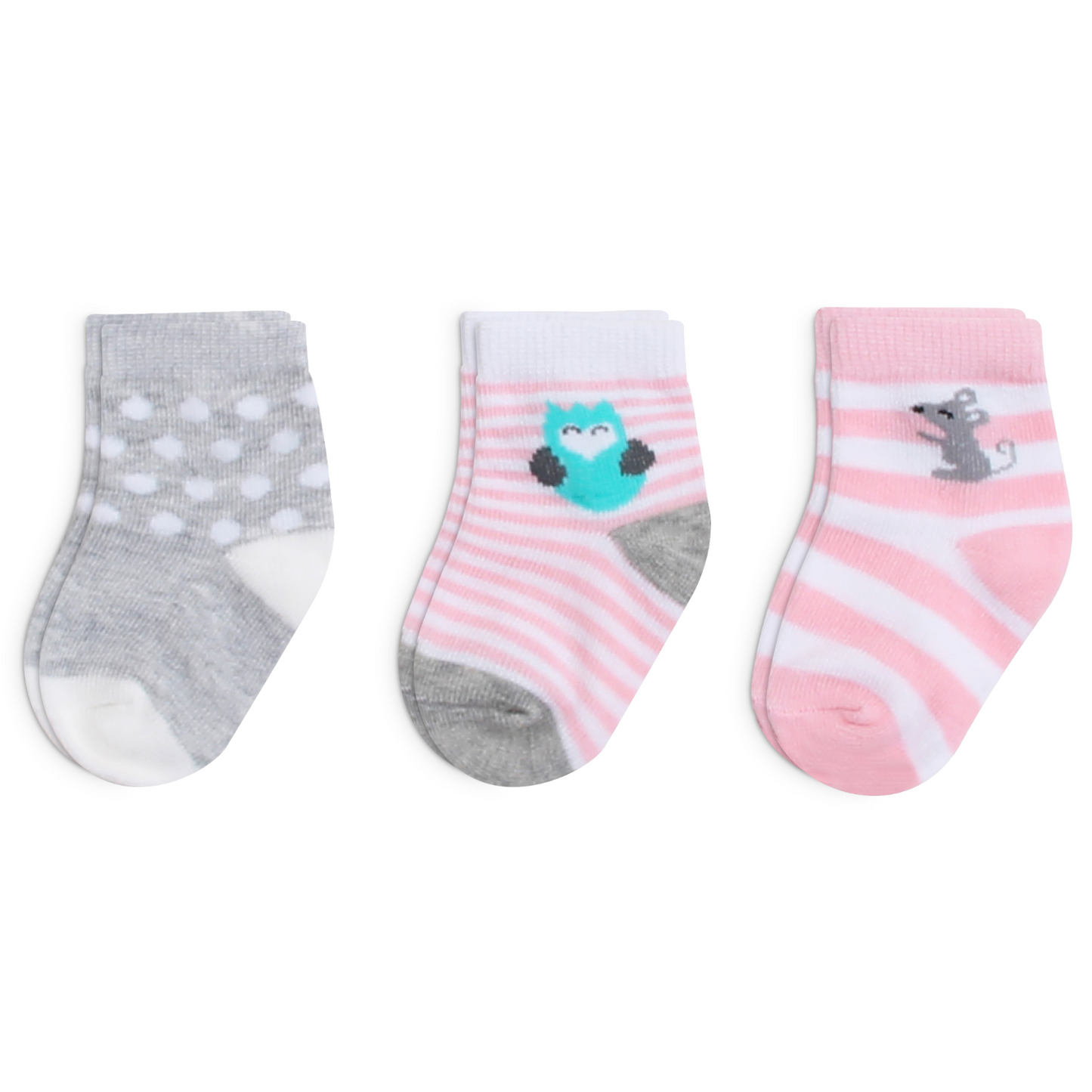 MOTHER'S CHOICE 3-Pk Newborn Baby Socks Box (0-6m, Owl/Mousey)