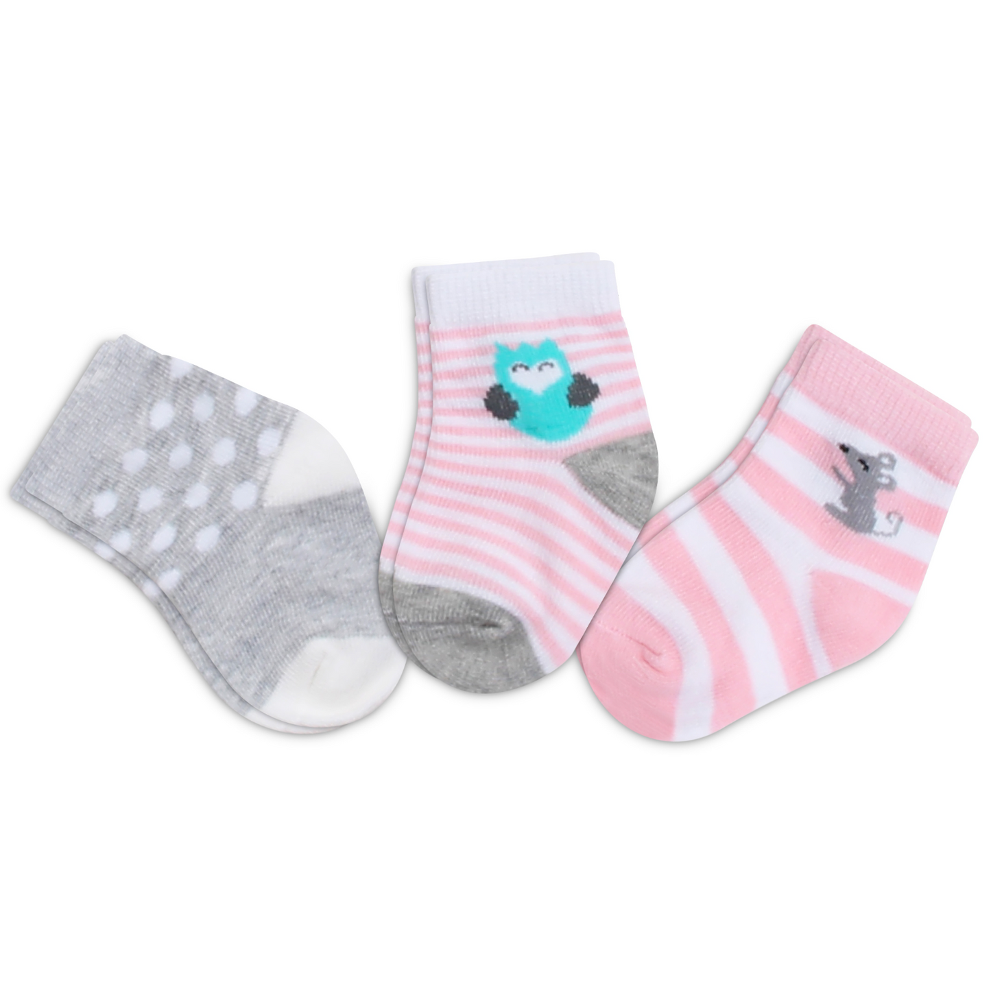 MOTHER'S CHOICE 3-Pk Newborn Baby Socks Box (0-6m, Owl/Mousey)