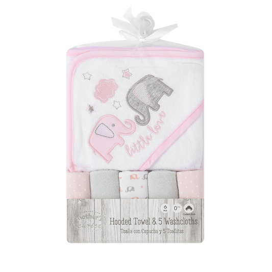 MOTHER'S CHOICE 100% Cotton Hooded Towel with 5 Face-Cloths (Pink Elephant)