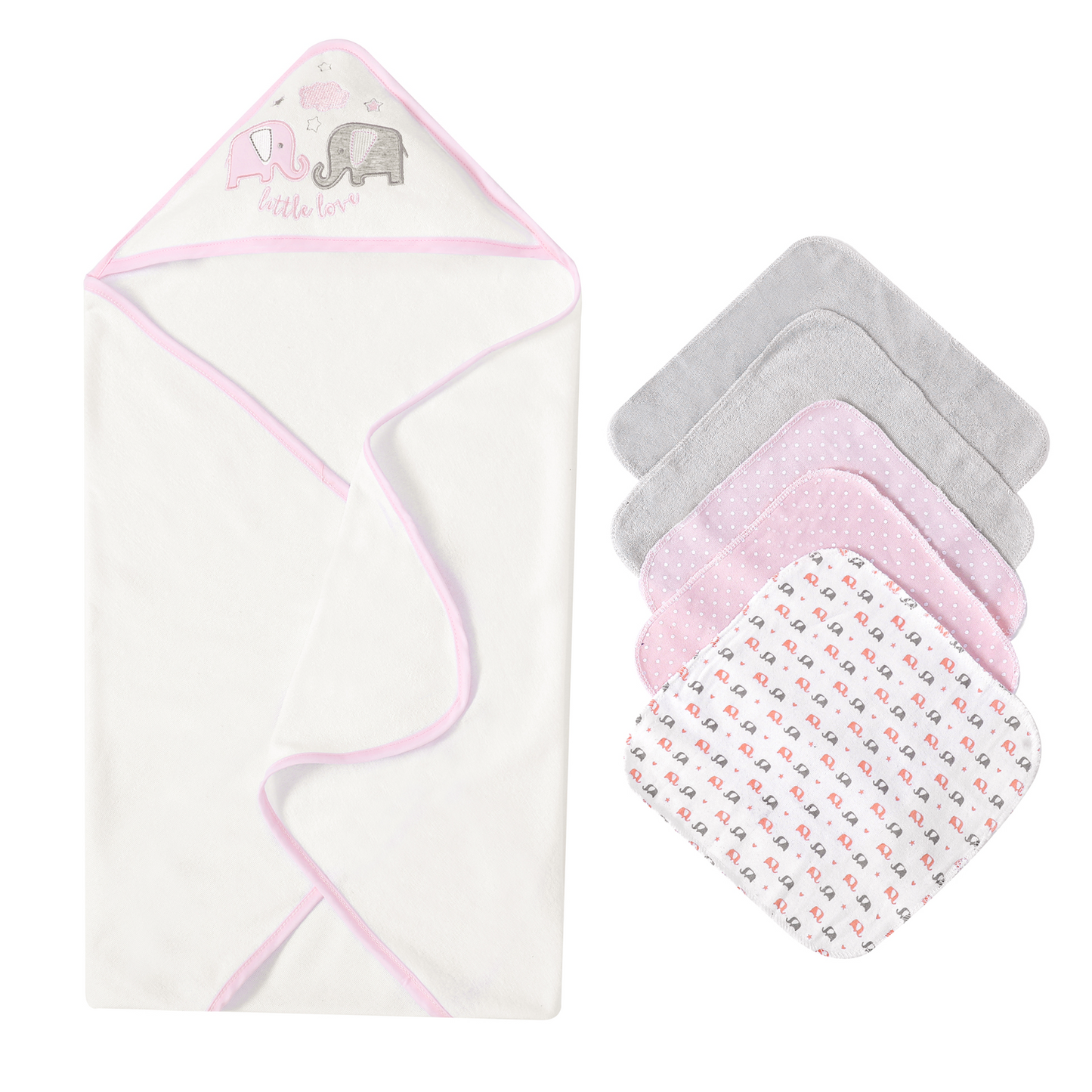 MOTHER'S CHOICE 100% Cotton Hooded Towel with 5 Face-Cloths (Pink Elephant)