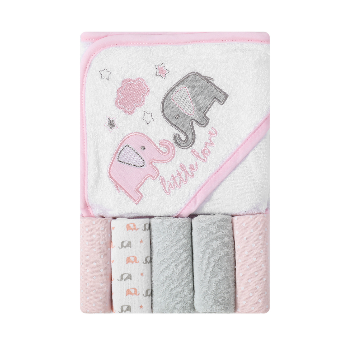 MOTHER'S CHOICE 100% Cotton Hooded Towel with 5 Face-Cloths (Pink Elephant)