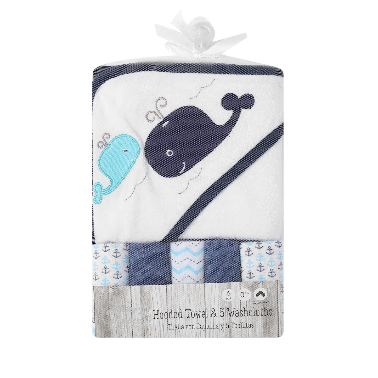 MOTHER'S CHOICE 100% Cotton Hooded Towel with 5 Face-Cloths (Navy Whale)