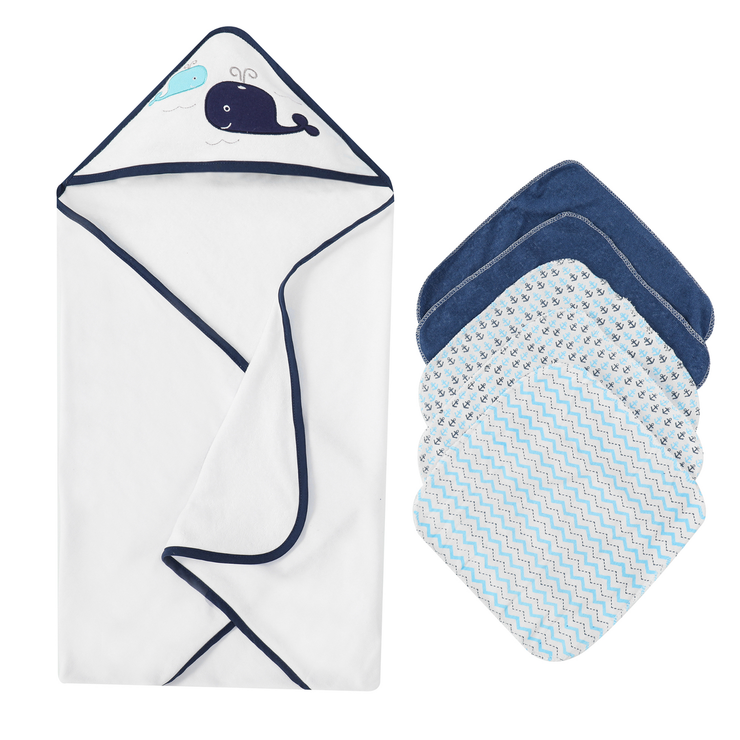 MOTHER'S CHOICE 100% Cotton Hooded Towel with 5 Face-Cloths (Navy Whale)