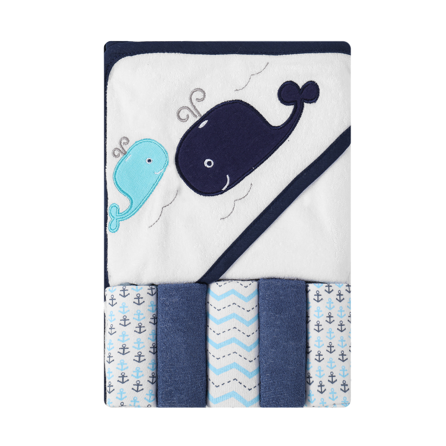 MOTHER'S CHOICE 100% Cotton Hooded Towel with 5 Face-Cloths (Navy Whale)