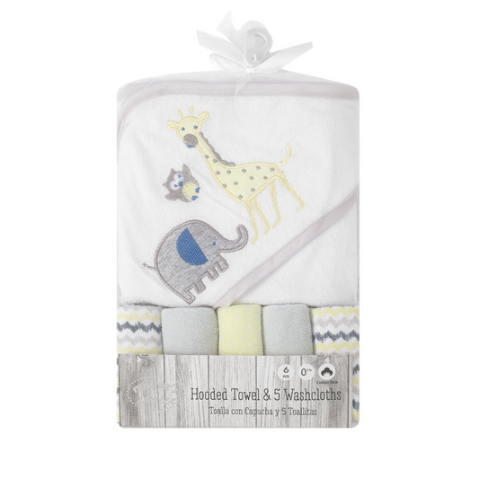 MOTHER'S CHOICE 100% Cotton Hooded Towel with 5 Face-Cloths (Yellow Safari)