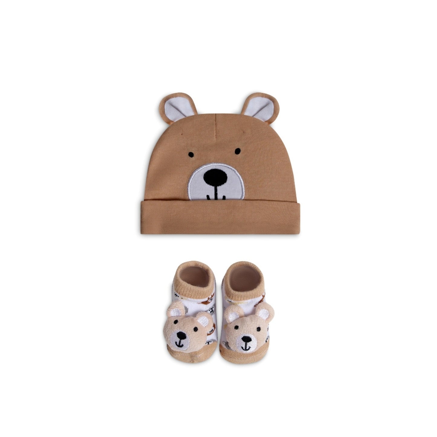 MOTHER"S CHOICE 2-Pc Cotton Newborn Baby Hat and Socks Set (Brown Teddy)