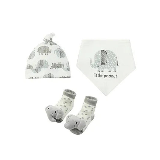 MOTHER'S CHOICE 3-Pc Newborn Baby Hat, Bib, Rattle Socks Cotton Set (Little Peanut Elephant)