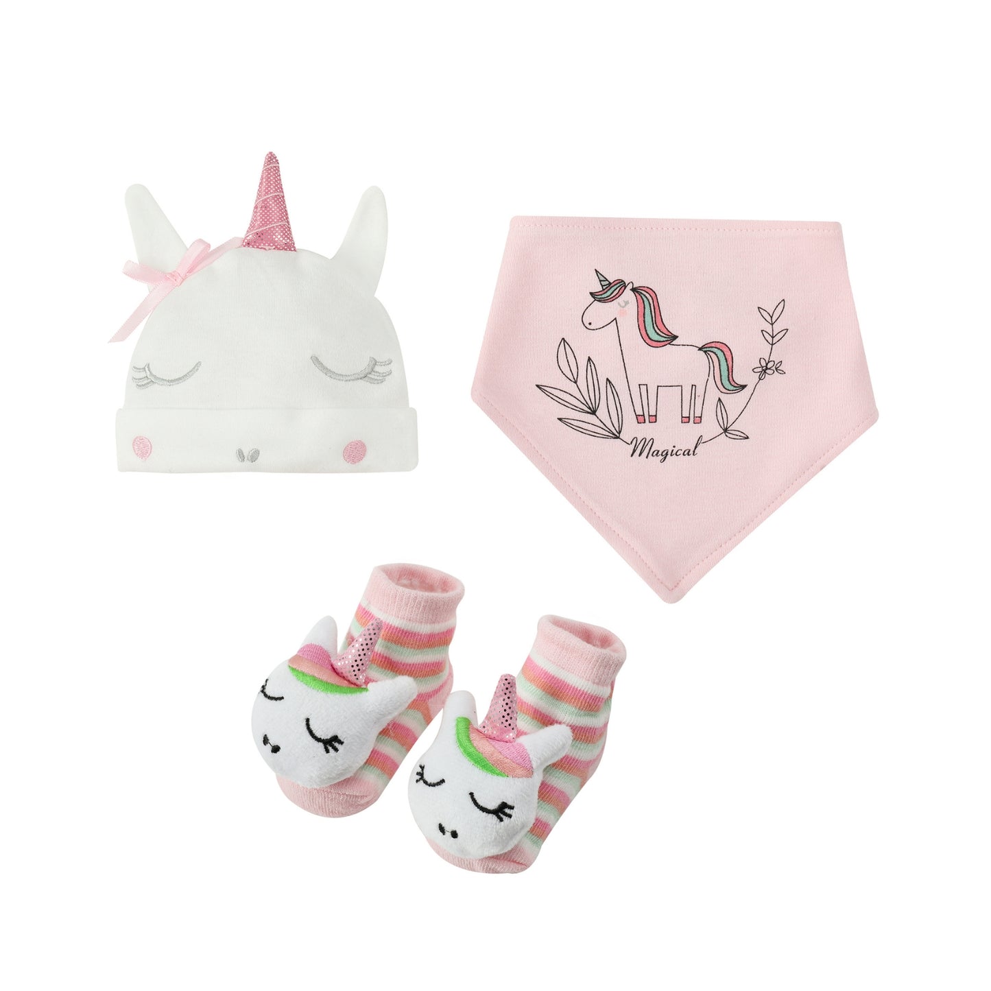 MOTHER'S CHOICE 3-Pc Newborn Baby Hat, Bib, Rattle Socks Cotton Set (Pink Unicorn)