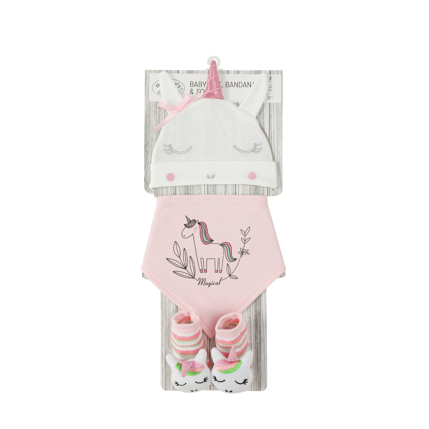 MOTHER'S CHOICE 3-Pc Newborn Baby Hat, Bib, Rattle Socks Cotton Set (Pink Unicorn)