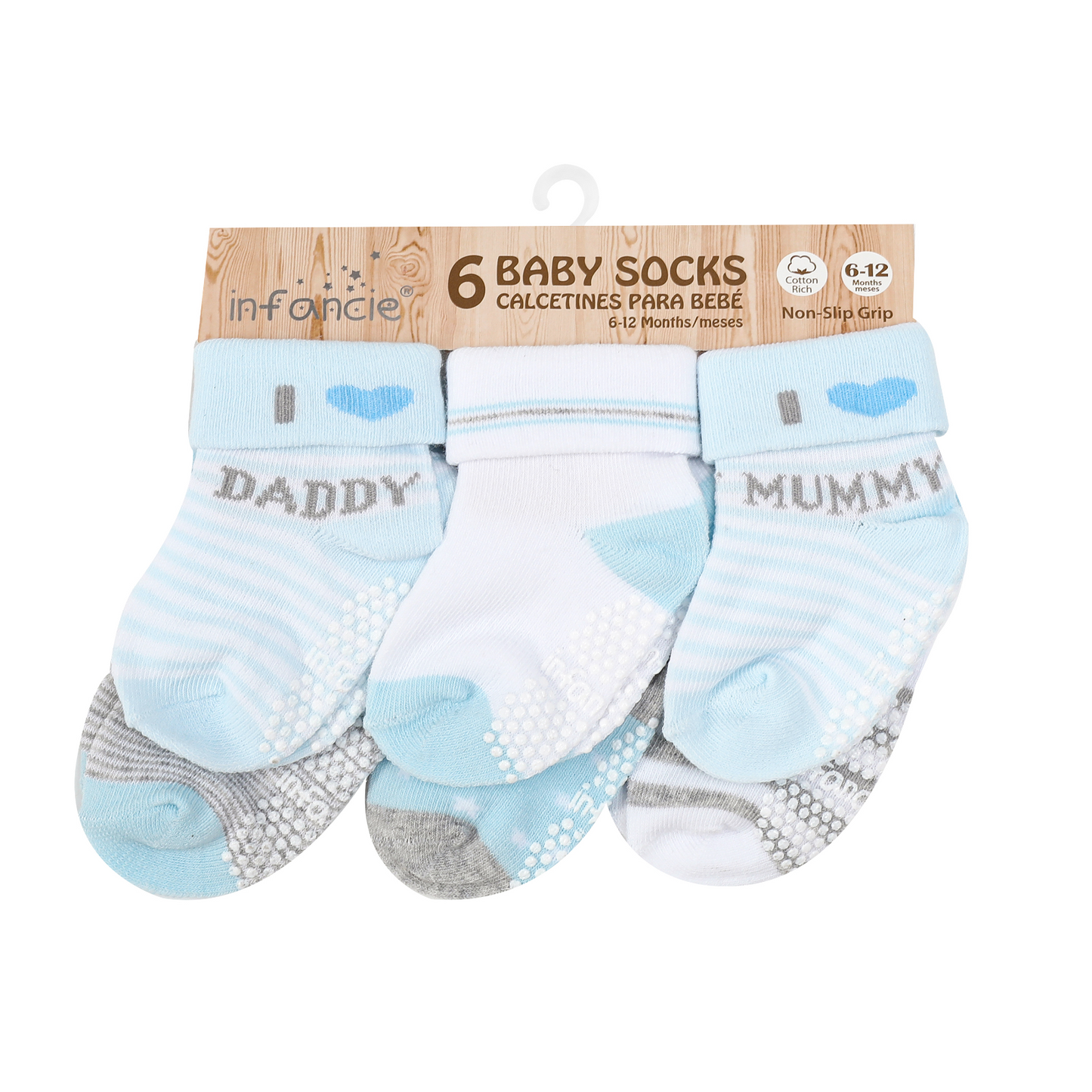 MOTHER'S CHOICE 6-Pk Newborn Baby Socks Box (06-12m, Blue, I Love Mommy)