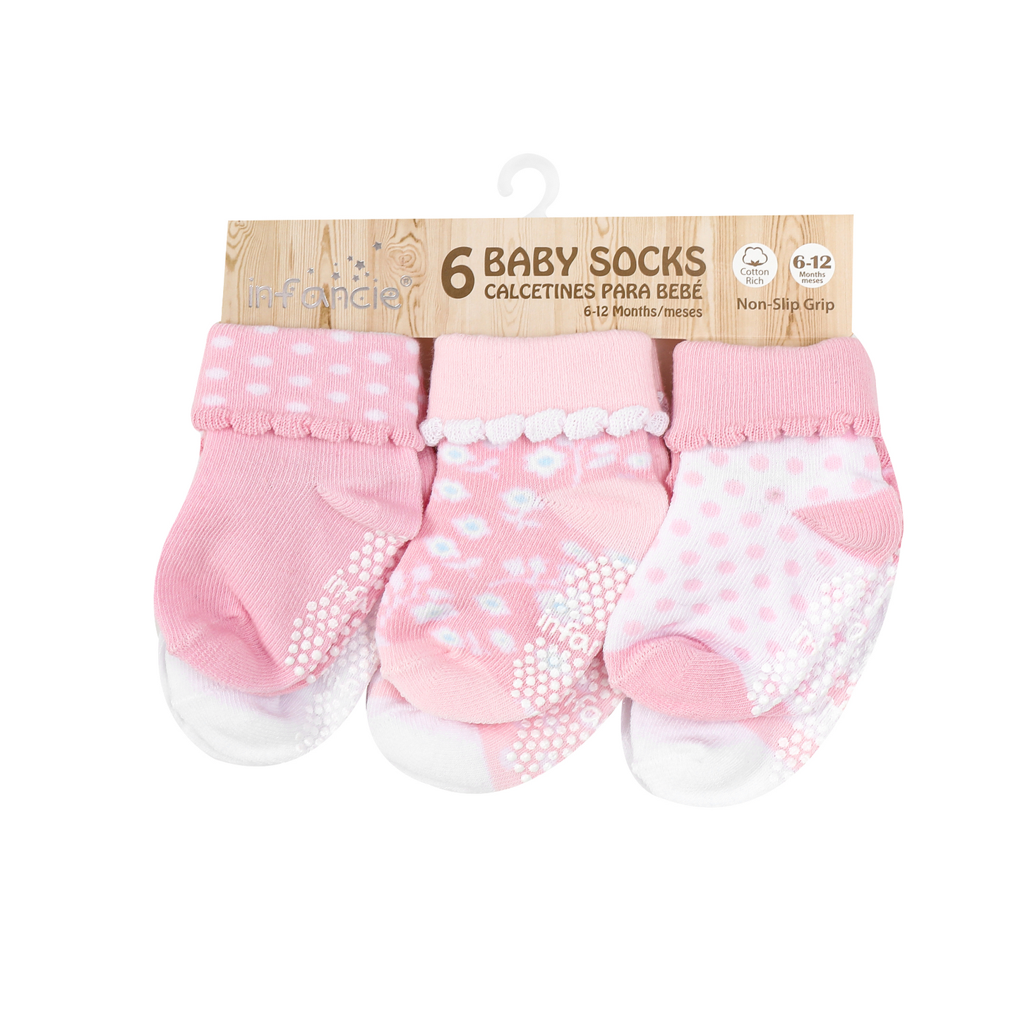 MOTHER'S CHOICE 6-Pk Newborn Baby Socks Box (6-12m, Pink, Flora & Dots)