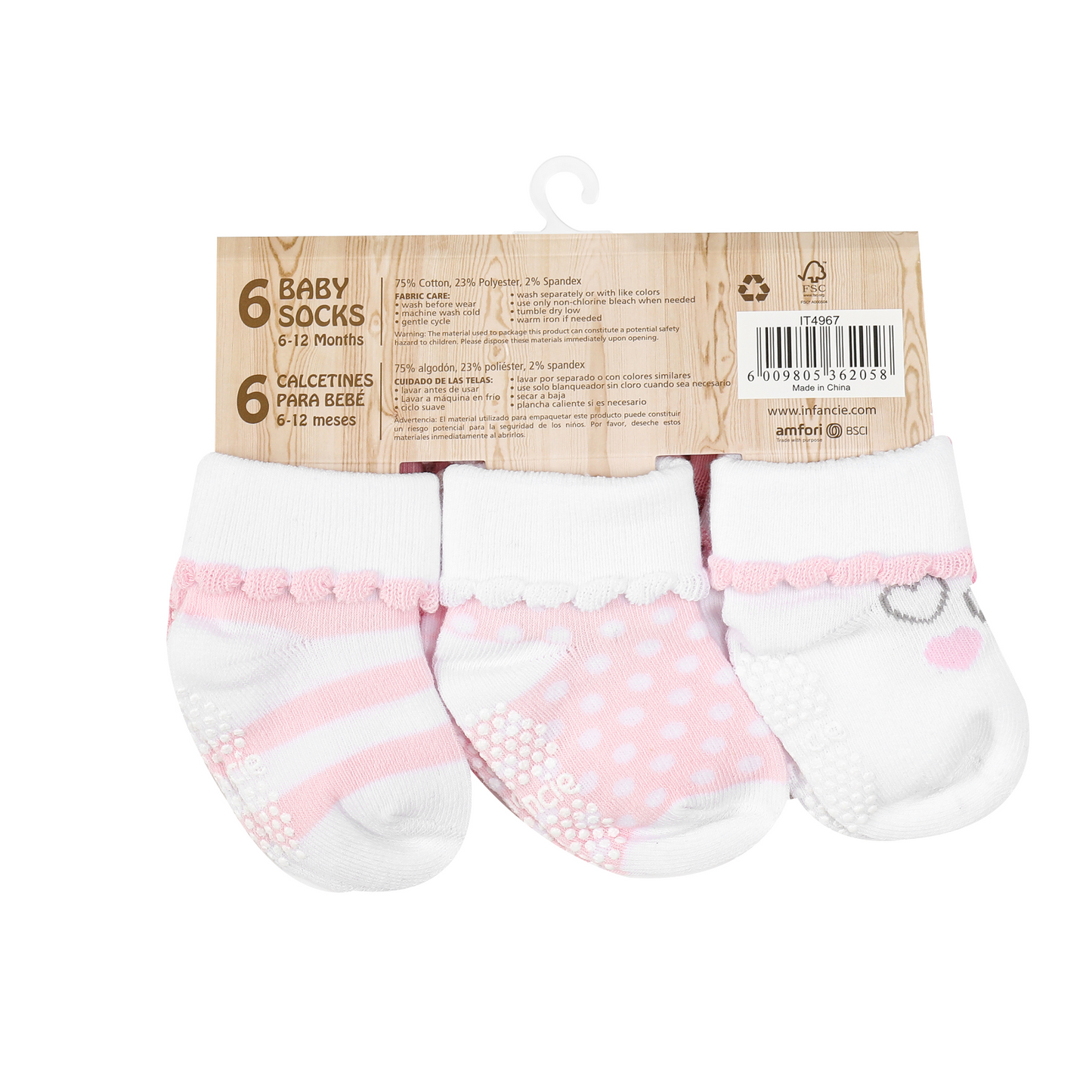 MOTHER'S CHOICE 6-Pk Newborn Baby Socks Box (6-12m, Pink, Flora & Dots)