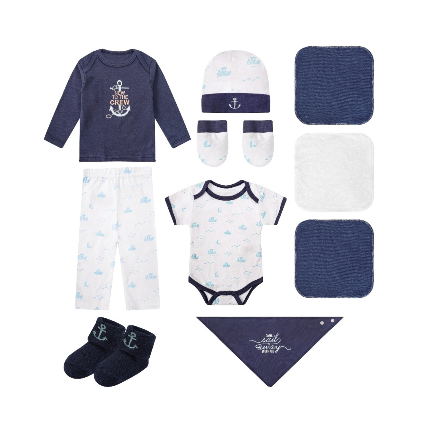 MOTHER'S CHOICE 10-Pc Baby Bodysuit, T-shirt, Pants, Hat, Mittens, Bib, Socks & Wash Cloths Gift Box Set (Navy)