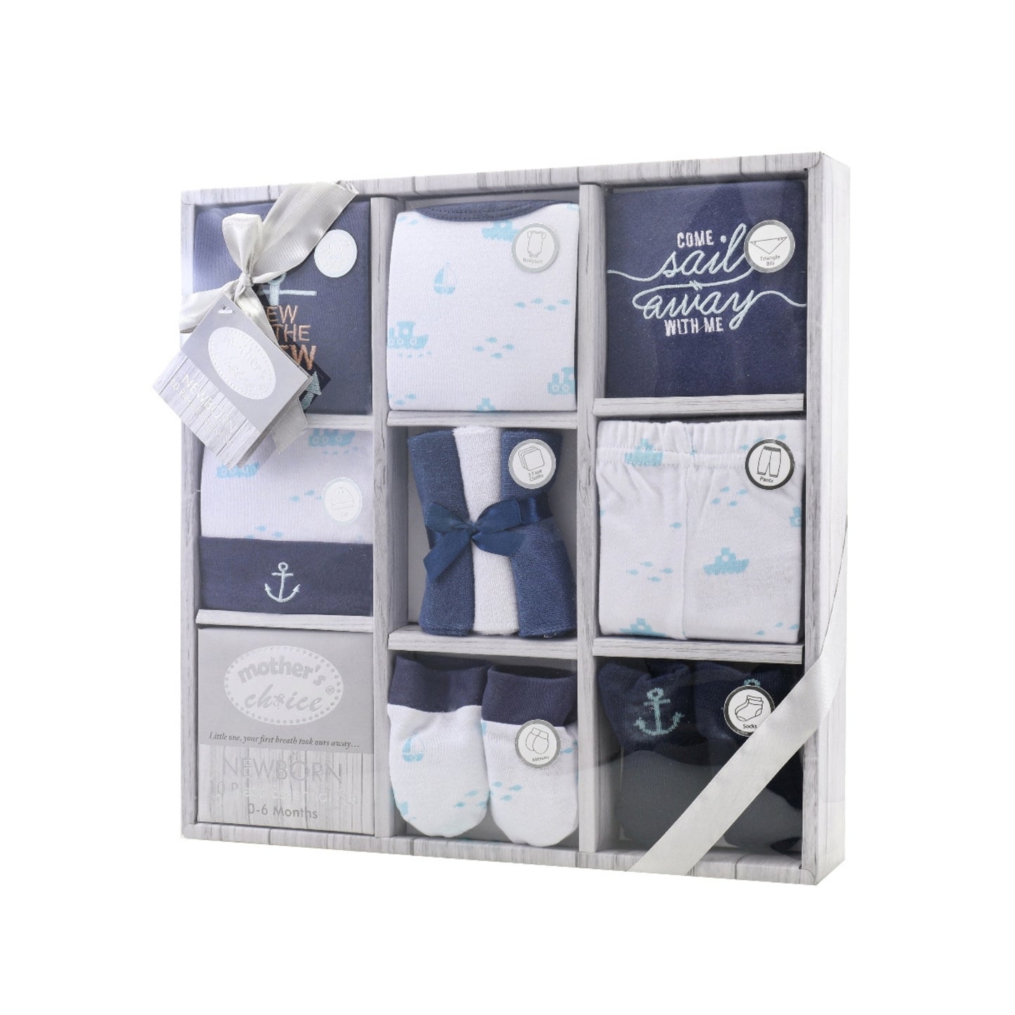 MOTHER'S CHOICE 10-Pc Baby Bodysuit, T-shirt, Pants, Hat, Mittens, Bib, Socks & Wash Cloths Gift Box Set (Navy)