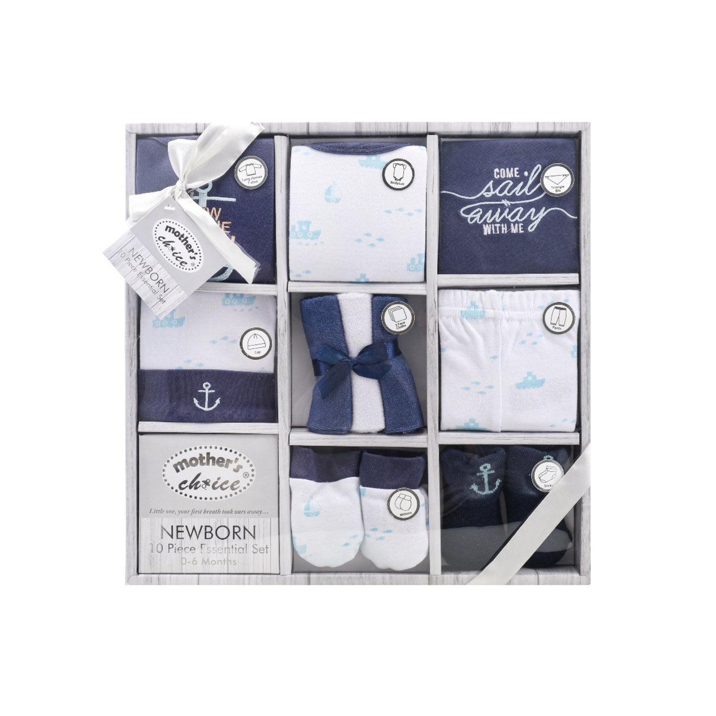 MOTHER'S CHOICE 10-Pc Baby Bodysuit, T-shirt, Pants, Hat, Mittens, Bib, Socks & Wash Cloths Gift Box Set (Navy)