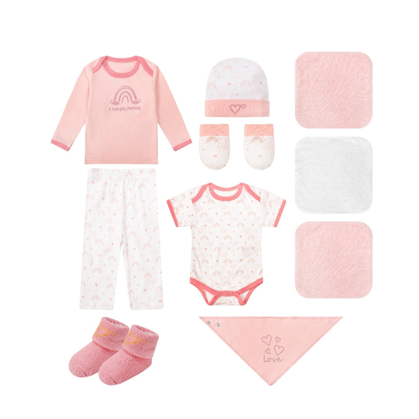 MOTHER'S CHOICE 10-Pc Baby Bodysuit, T-shirt, Pants, Hat, Mittens, Bib, Socks & Wash Cloths Gift Box Set (Pink)