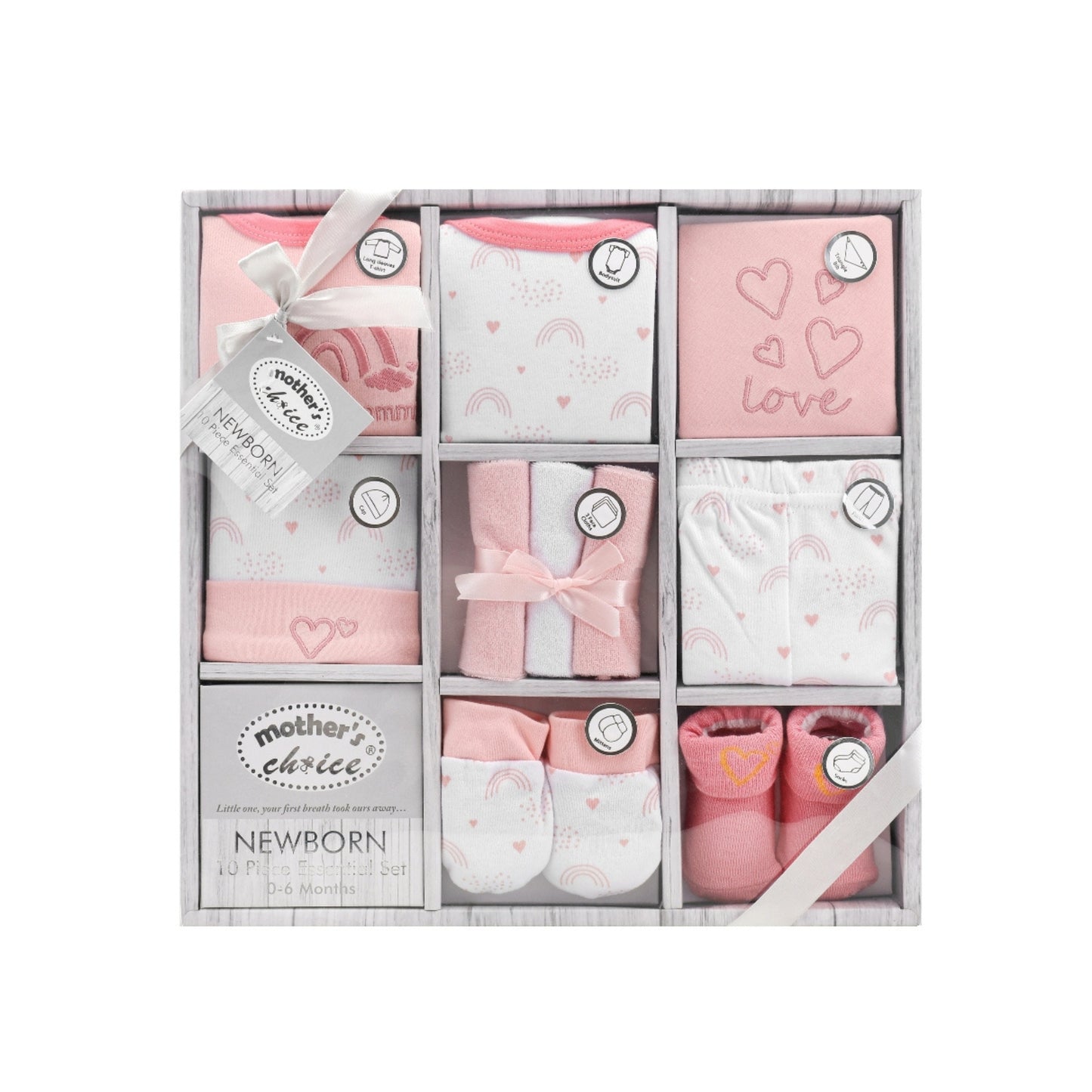 MOTHER'S CHOICE 10-Pc Baby Bodysuit, T-shirt, Pants, Hat, Mittens, Bib, Socks & Wash Cloths Gift Box Set (Pink)