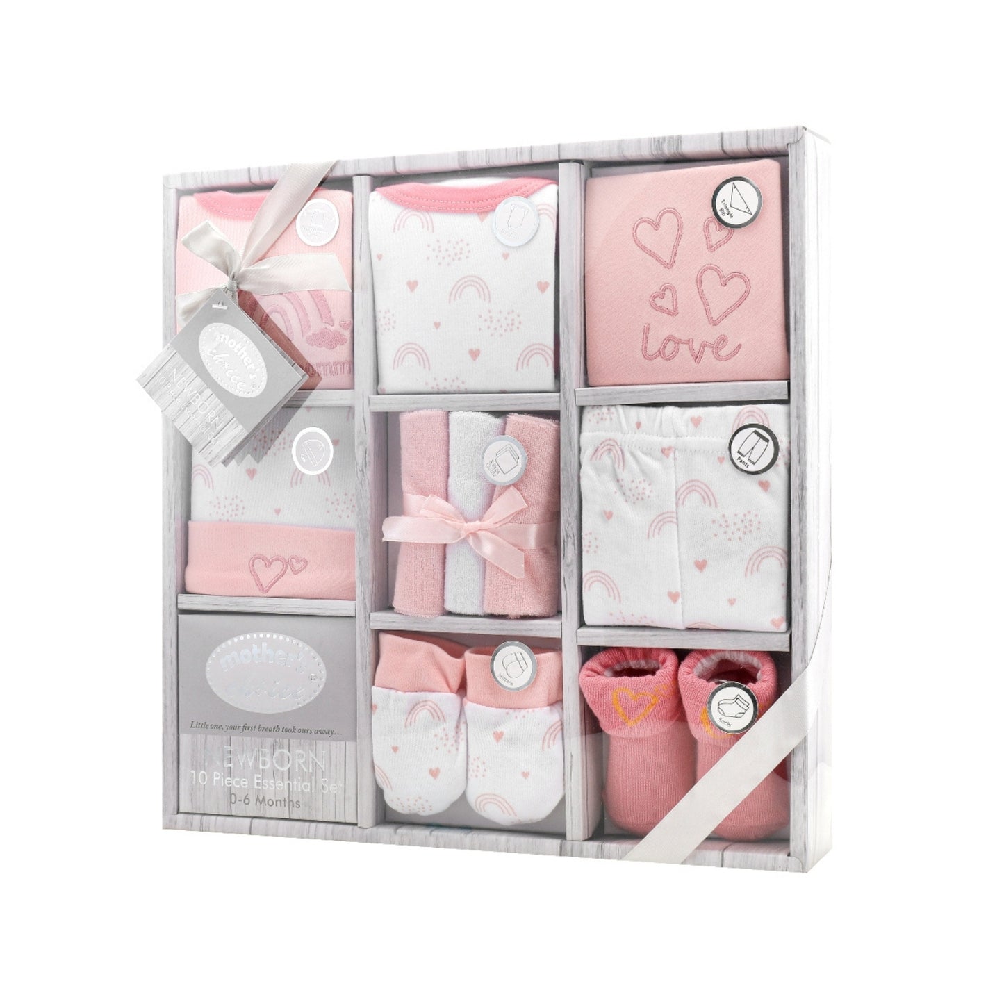 MOTHER'S CHOICE 10-Pc Baby Bodysuit, T-shirt, Pants, Hat, Mittens, Bib, Socks & Wash Cloths Gift Box Set (Pink)