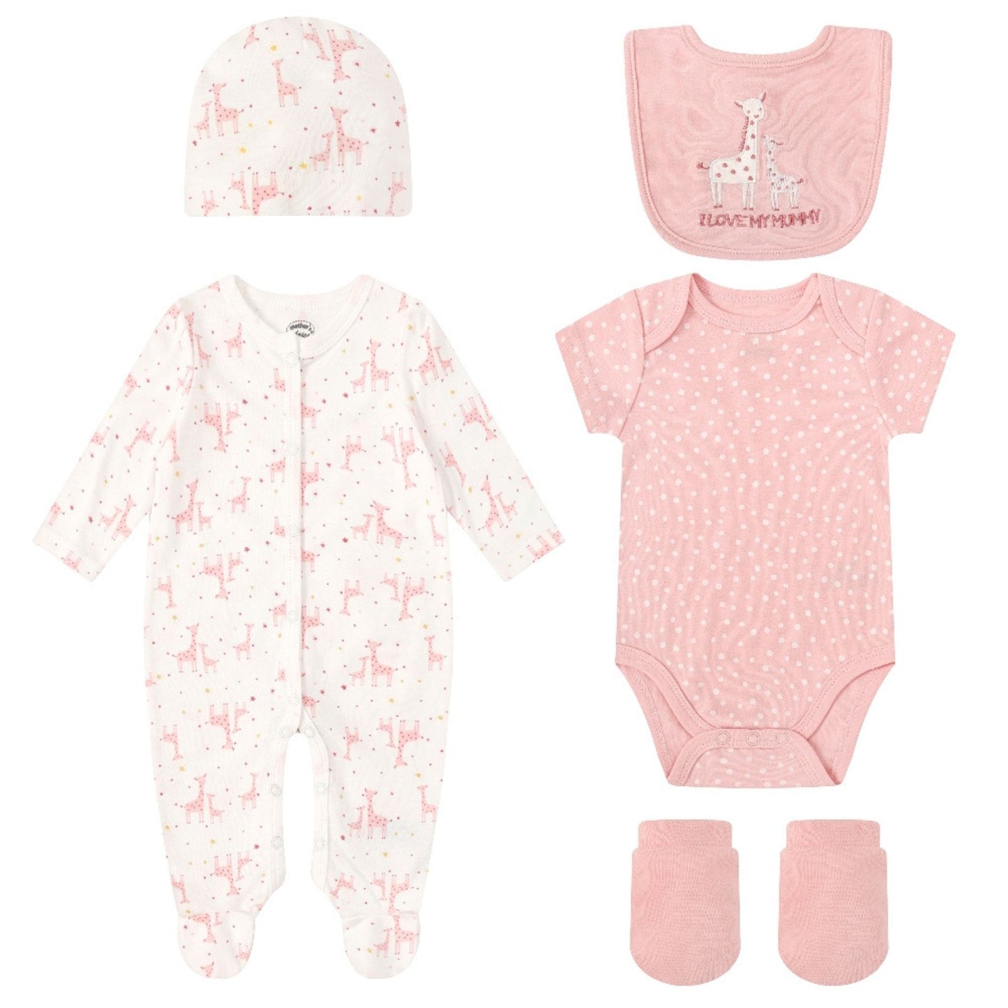 MOTHER'S CHOICE 5-Pc Baby  Grower, Bodysuit, Bib, Hat & Mittens Layette Gift Set (Pink Giraffe)