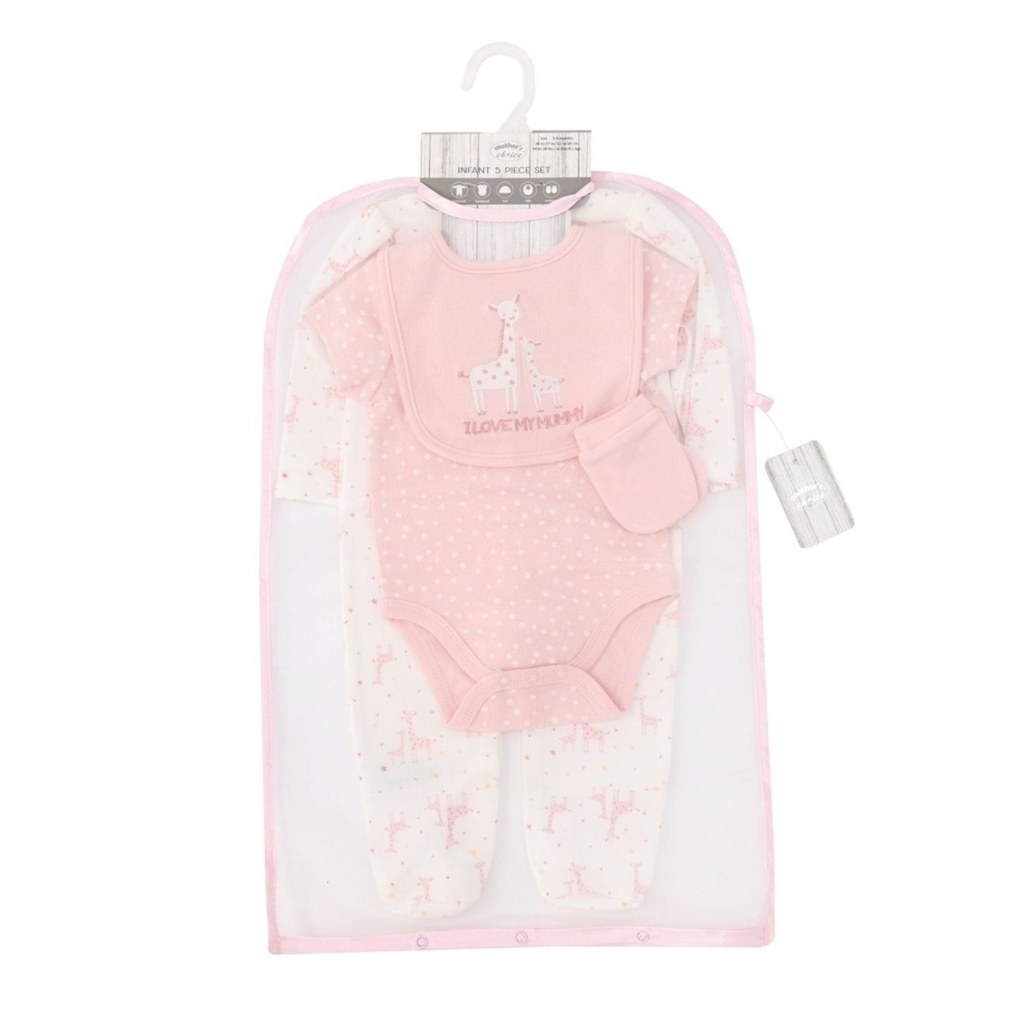 MOTHER'S CHOICE 5-Pc Baby  Grower, Bodysuit, Bib, Hat & Mittens Layette Gift Set (Pink Giraffe)