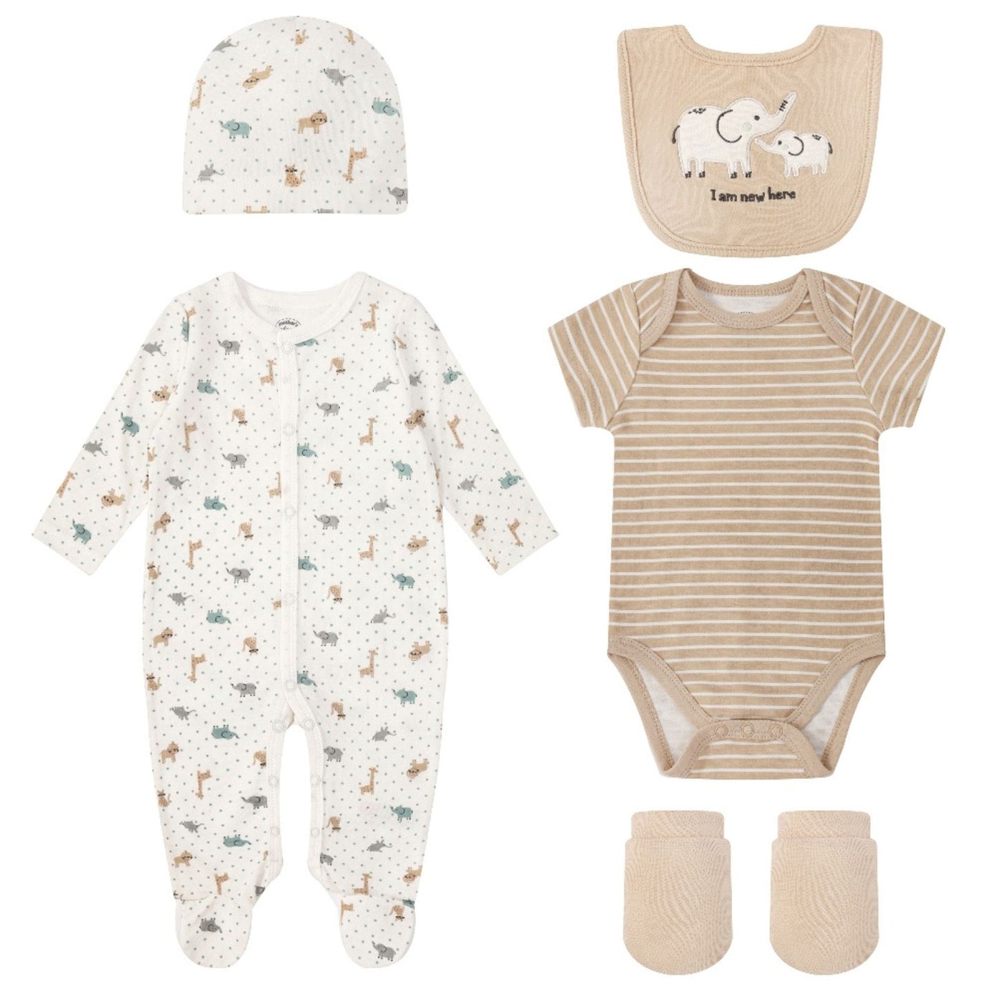 MOTHER'S CHOICE 5-Pc Baby  Grower, Bodysuit, Bib, Hat & Mittens Layette Gift Set (Beige Elephant)