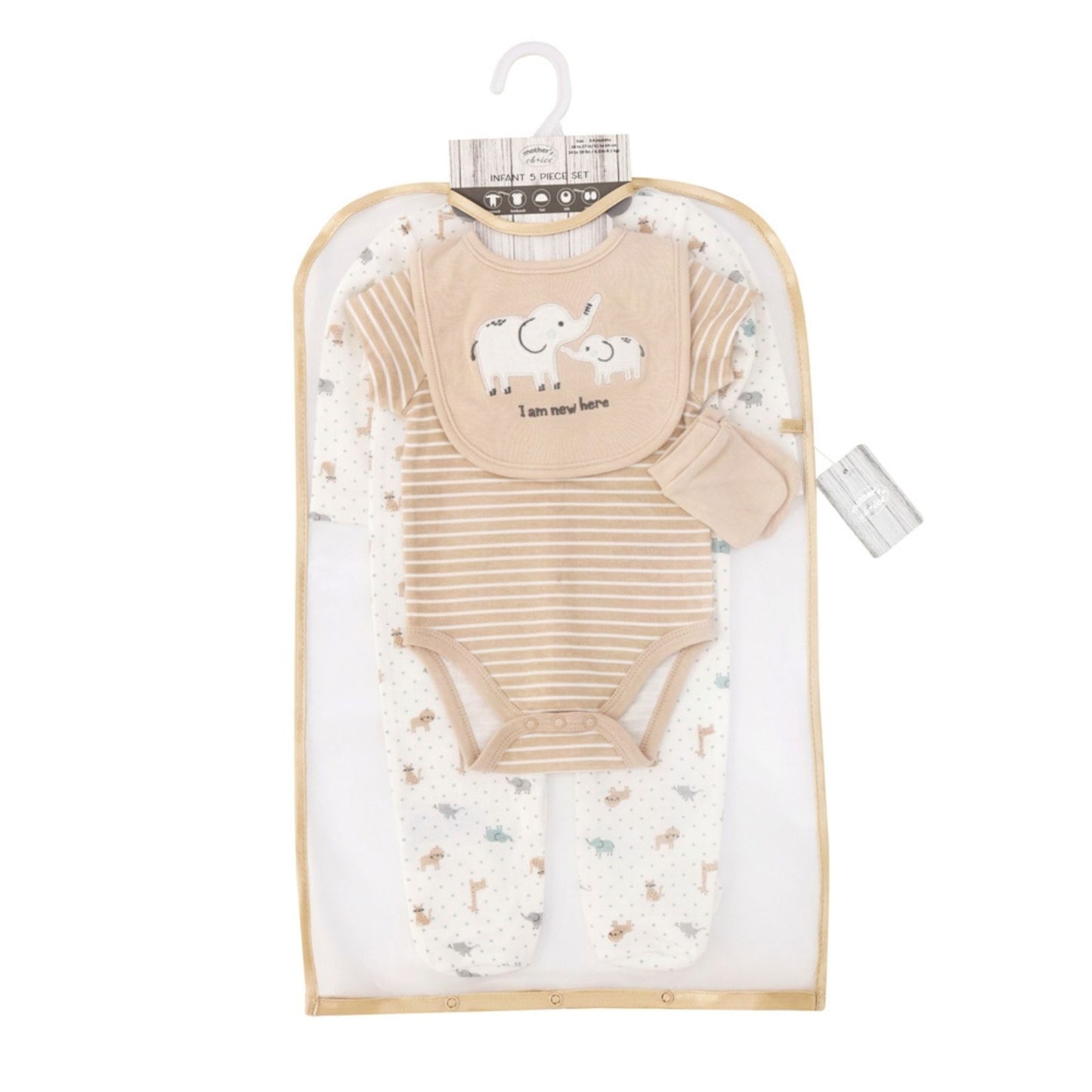 MOTHER'S CHOICE 5-Pc Baby  Grower, Bodysuit, Bib, Hat & Mittens Layette Gift Set (Beige Elephant)