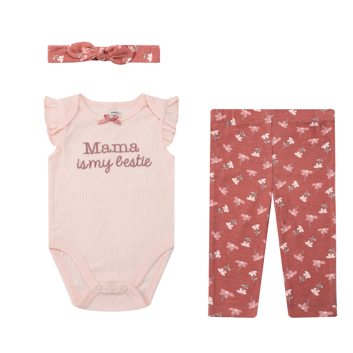 MOTHER'S CHOICE 3-pc Baby Bodysuit, Pants and Headband Set  (Mama is my bestie)