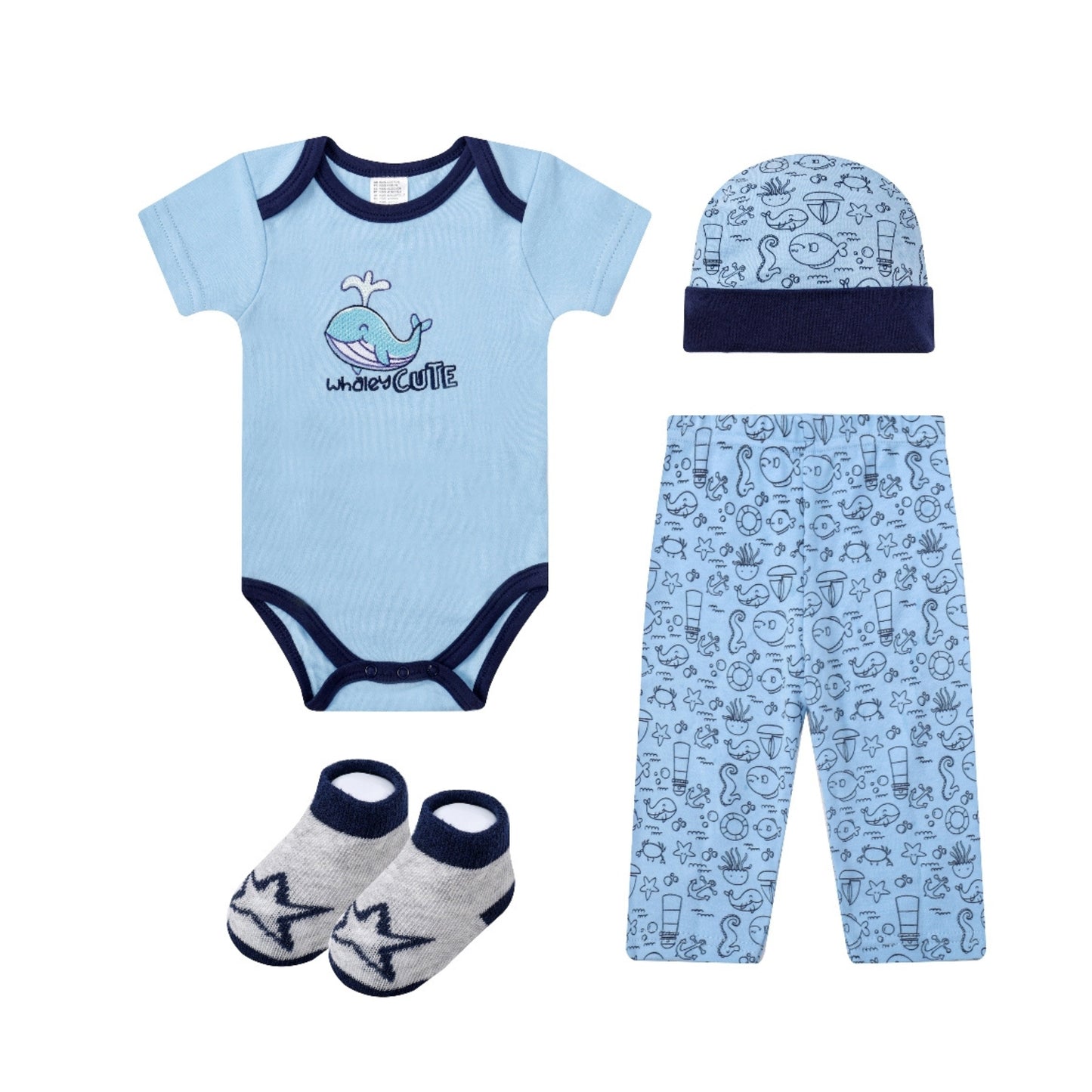 MOTHER'S CHOICE 4-Pc Baby Bodysuit, Pants, Hat & Socks Gift Box Set (Blue Whale)