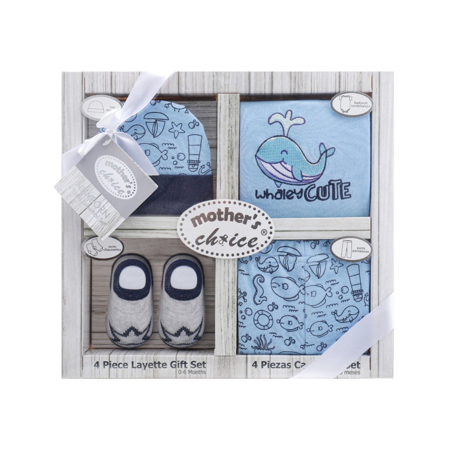 MOTHER'S CHOICE 4-Pc Baby Bodysuit, Pants, Hat & Socks Gift Box Set (Blue Whale)