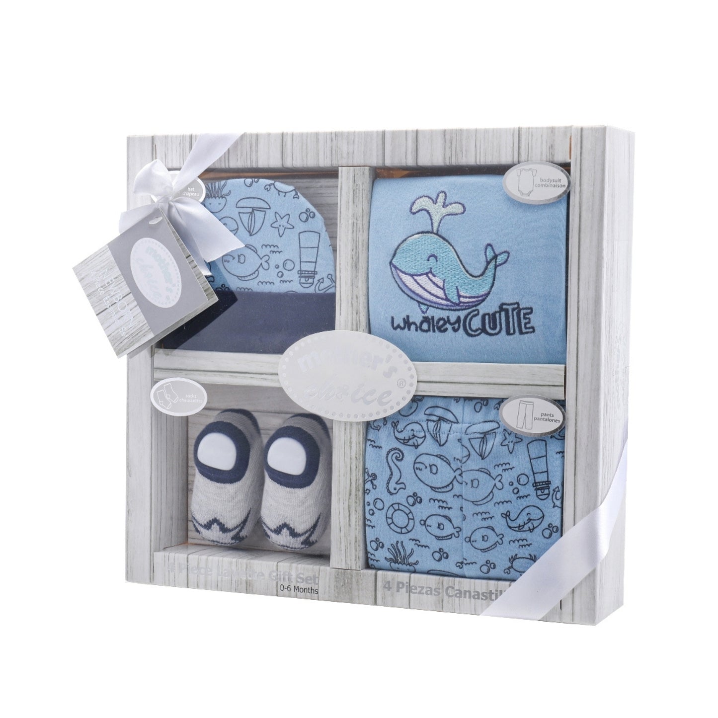 MOTHER'S CHOICE 4-Pc Baby Bodysuit, Pants, Hat & Socks Gift Box Set (Blue Whale)