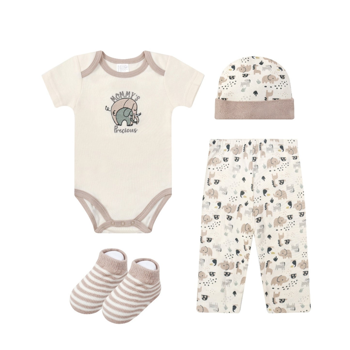 MOTHER'S CHOICE 4-Pc Baby Bodysuit, Pants, Hat & Socks Gift Box Set (Beige Elephant)