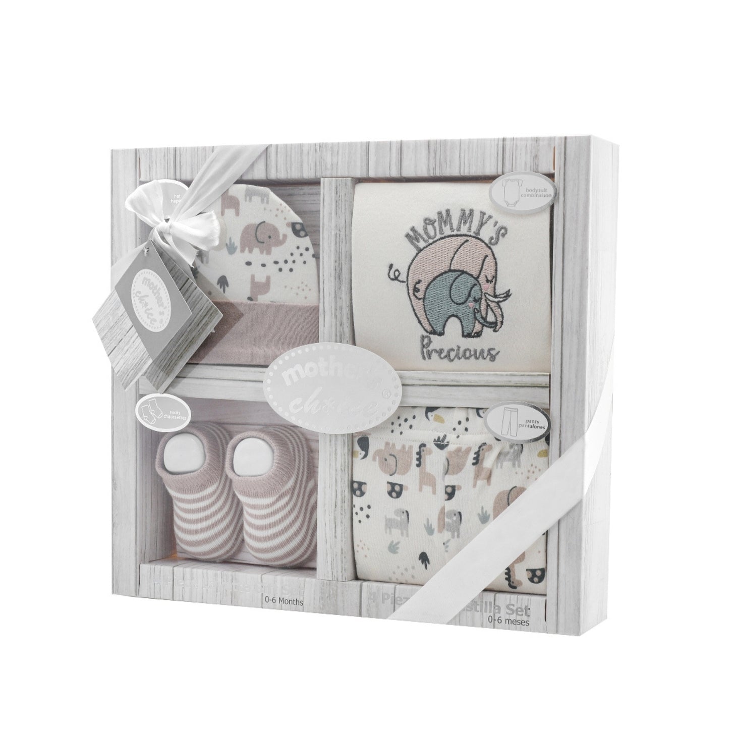 MOTHER'S CHOICE 4-Pc Baby Bodysuit, Pants, Hat & Socks Gift Box Set (Beige Elephant)