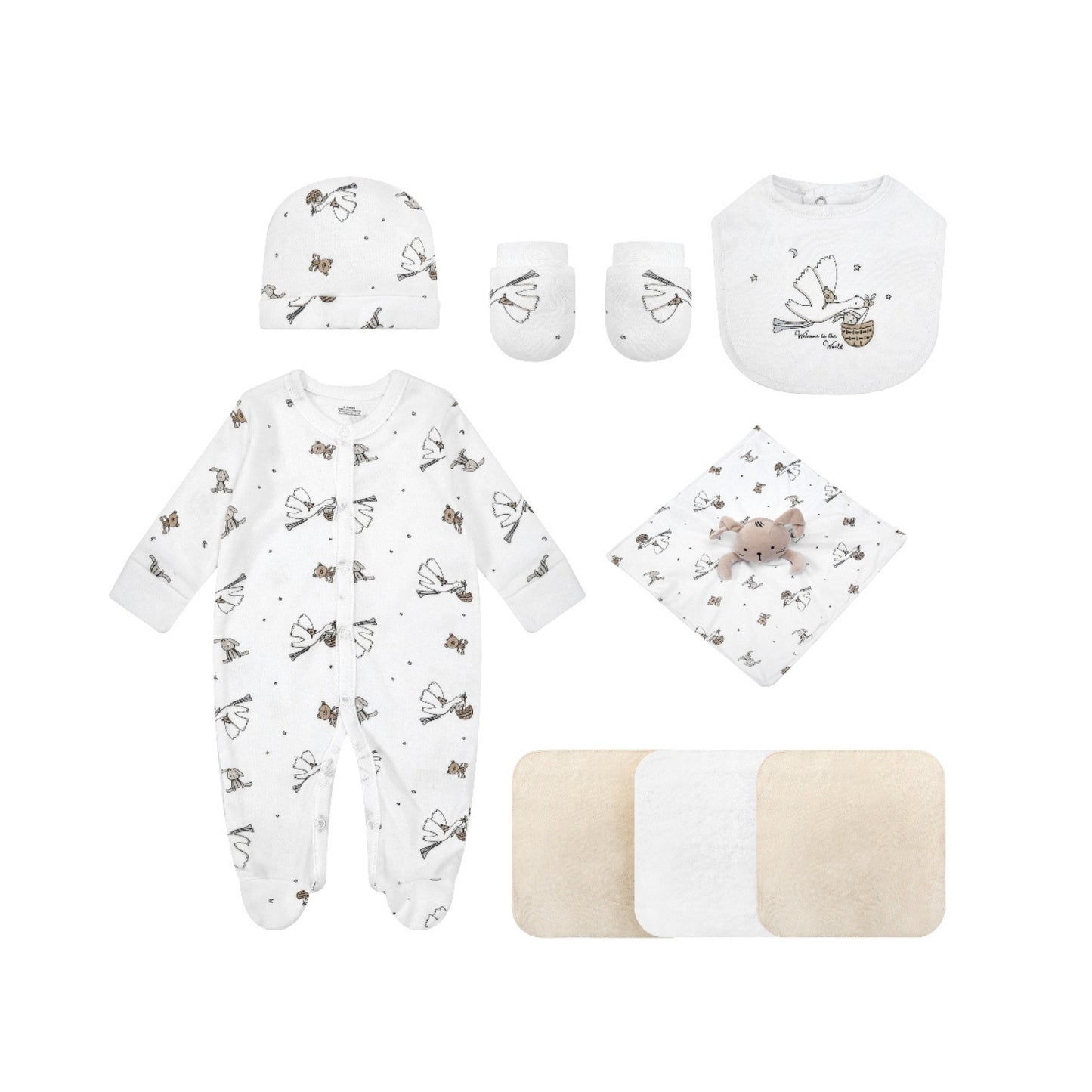 MOTHER'S CHOICE 8-Pc Baby Grower, Bib, Hat, Mittens, Plush Toy & 3 Wash Cloths Layette Gift Set (Welcome)