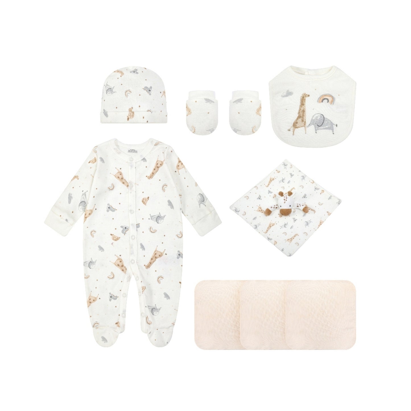 MOTHER'S CHOICE 8-Pc Baby Grower, Bib, Hat, Mittens, Plush Toy & 3 Wash Cloths Layette Gift Set (Safari)